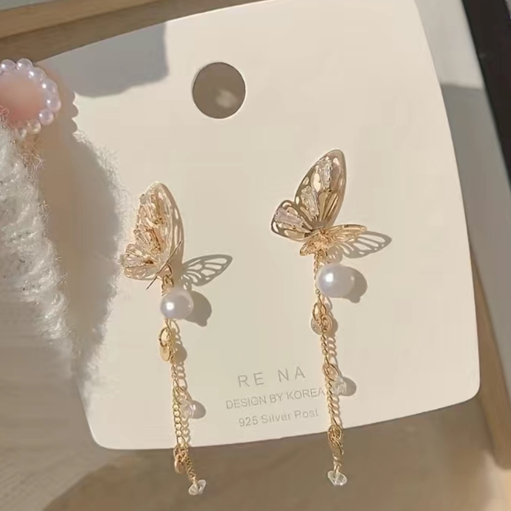 14K Gold Plated Pearl & Zircon Butterfly Tassel Earrings